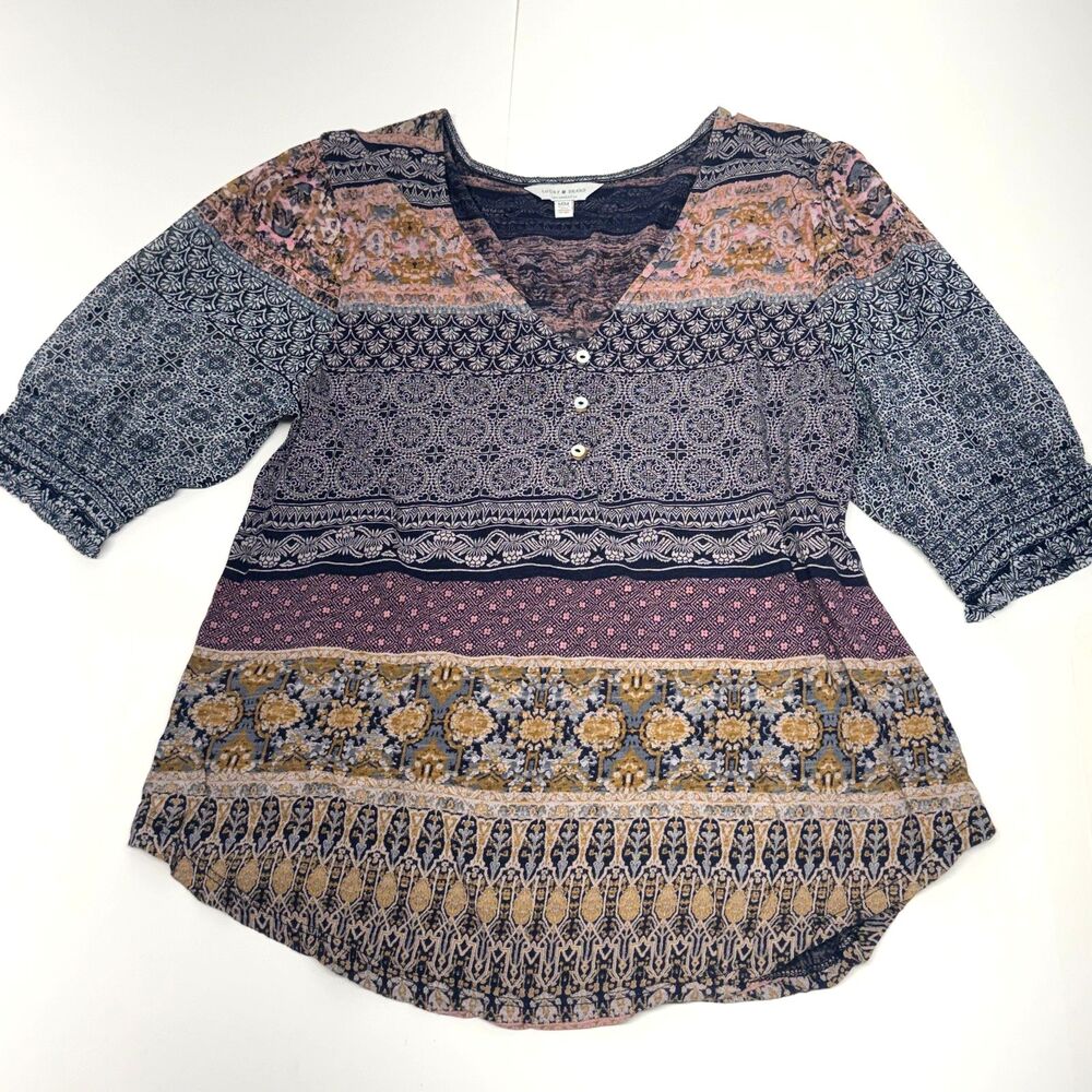 Lucky Brand Top M Medium Blue Pink Boho Sheer Sleeve Paisley Knit Blouse Henley